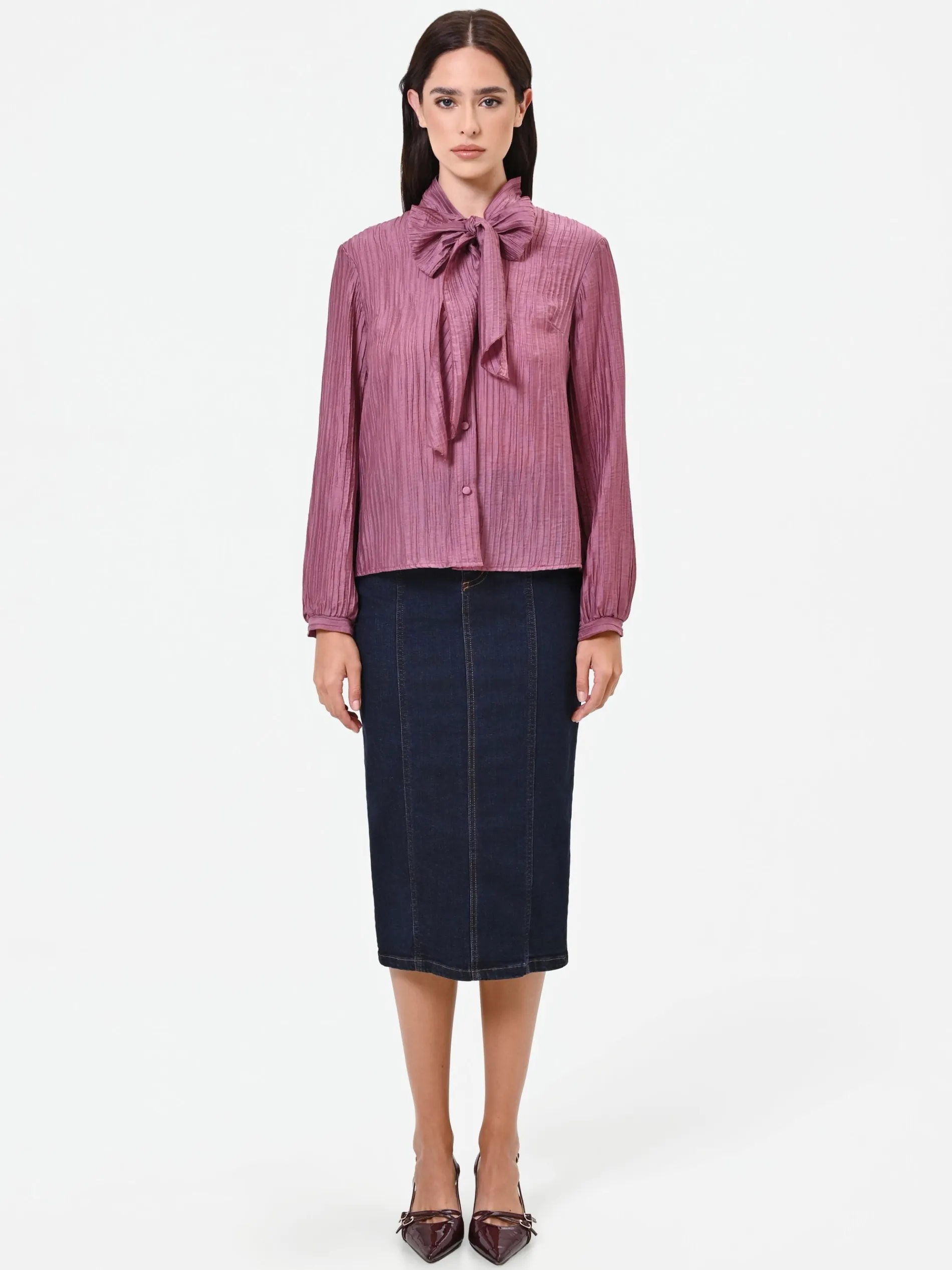 CAMICIA ROSA ANTICO PLISSÉ CON FIOCCO
