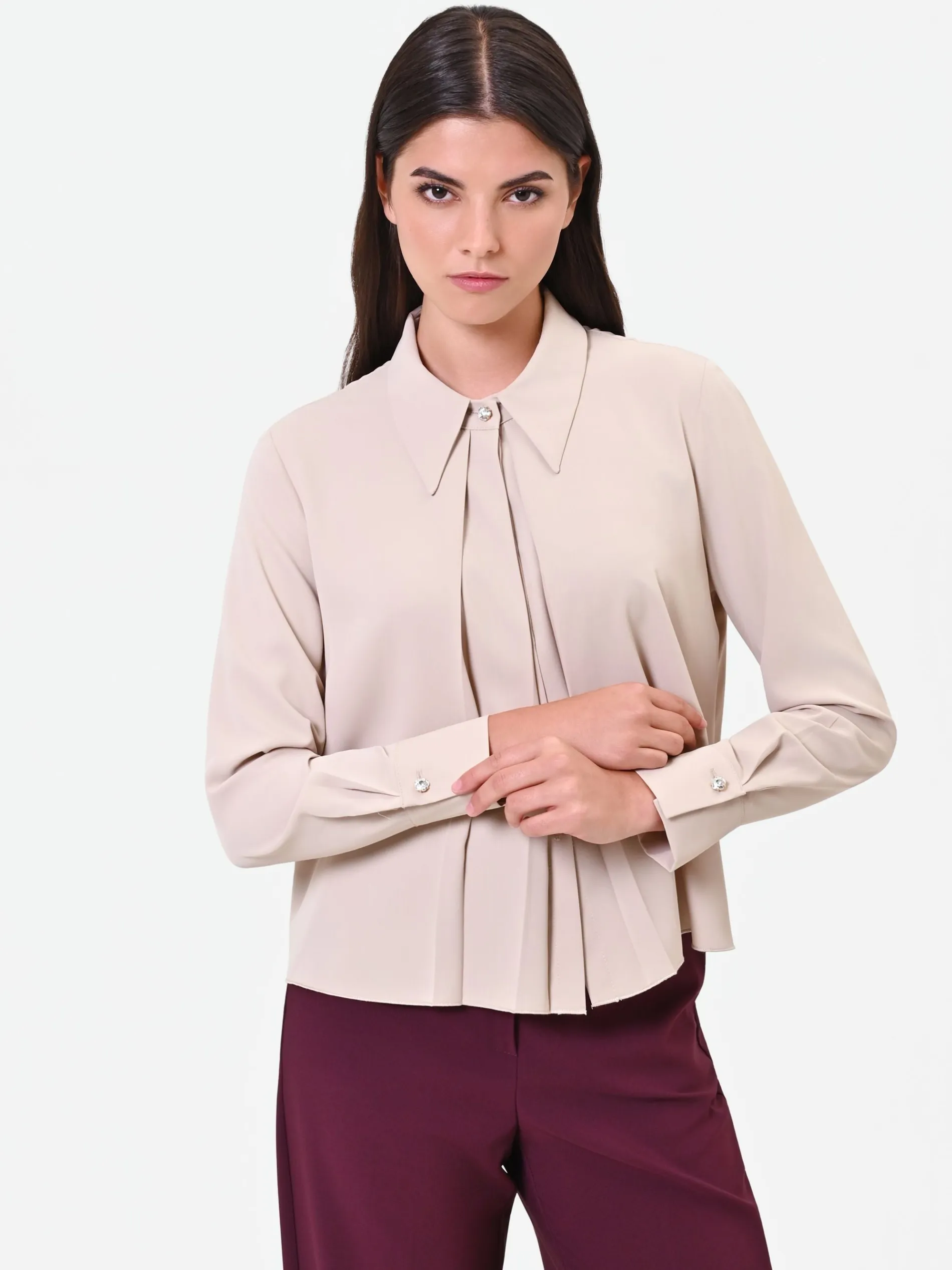 CAMICIA TORTORA BEIGE IN GEORGETTE CON PIEGHE SOVRAPPOSTE