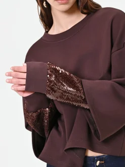 FELPA MARRONE CON MANICA DOPPIA IN PAILLETTES