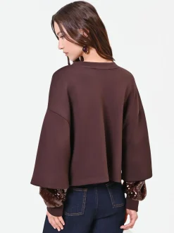 FELPA MARRONE CON MANICA DOPPIA IN PAILLETTES