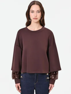 FELPA MARRONE CON MANICA DOPPIA IN PAILLETTES