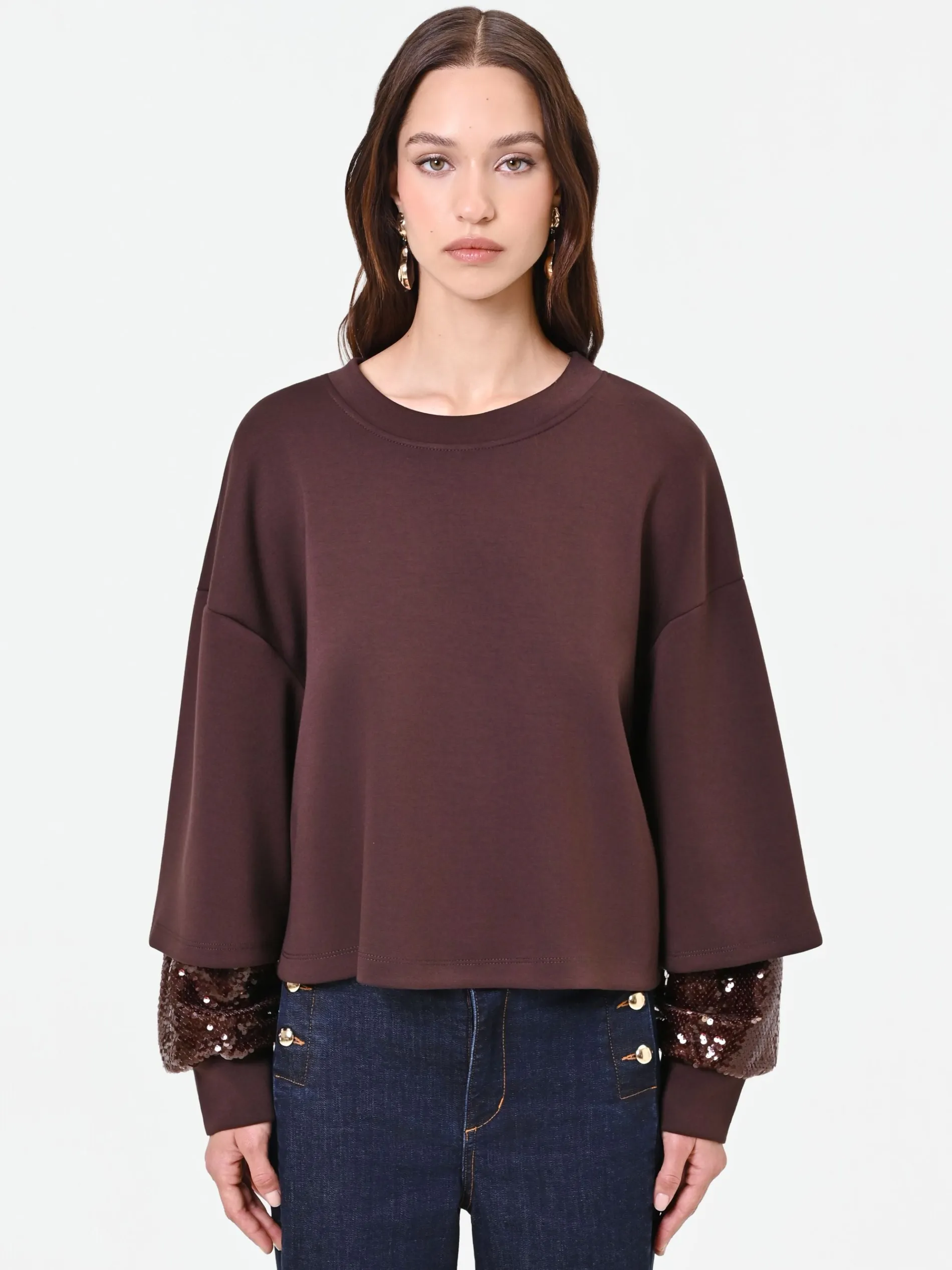 FELPA MARRONE CON MANICA DOPPIA IN PAILLETTES
