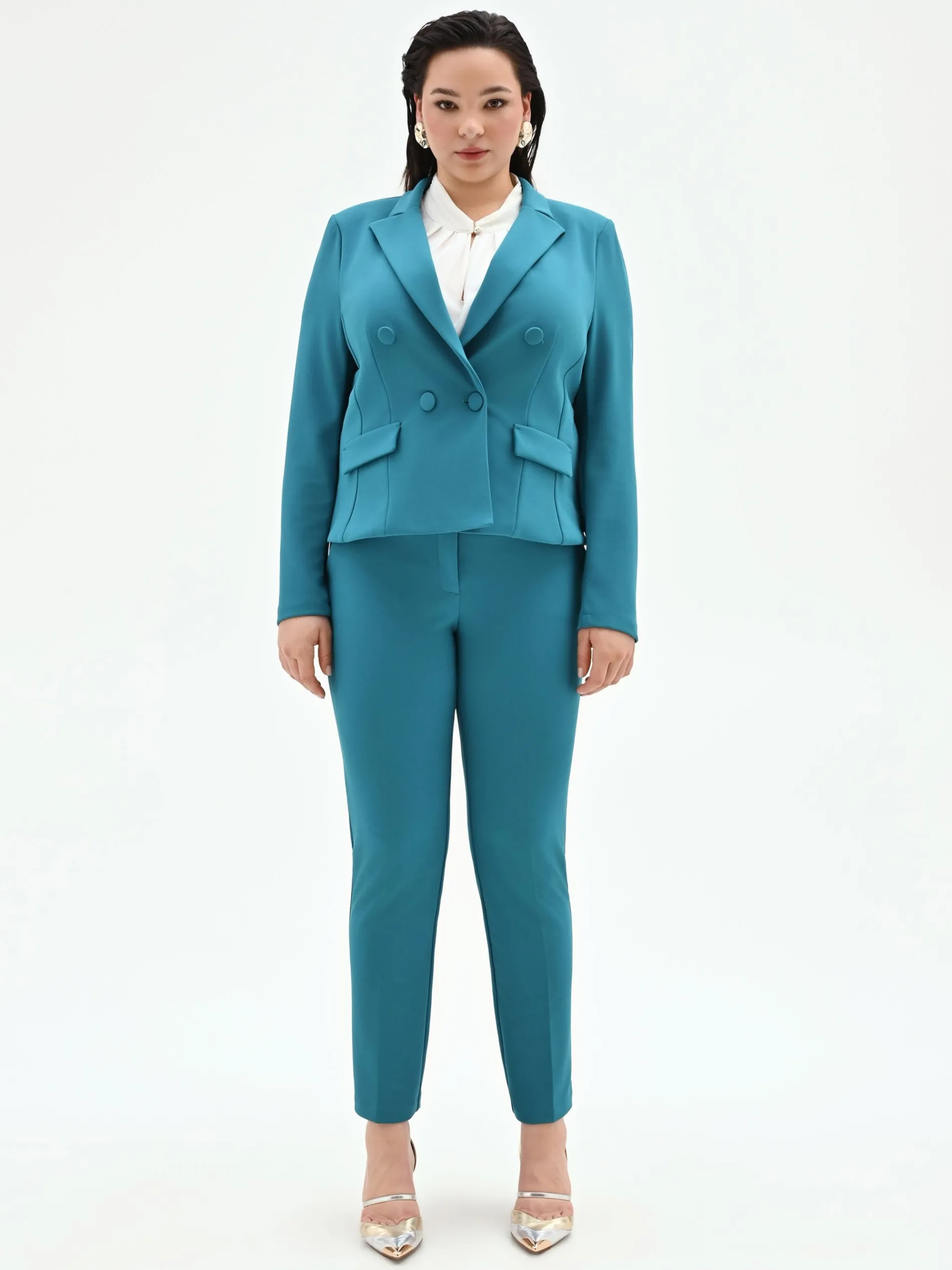 GIACCA CURVY DOPPIOPETTO BLU OTTANIO IN SCUBA MANO CREPE
