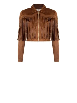 GIACCA EFFETTO CAMOSCIO CAMMELLO BEIGE CON FRANGE