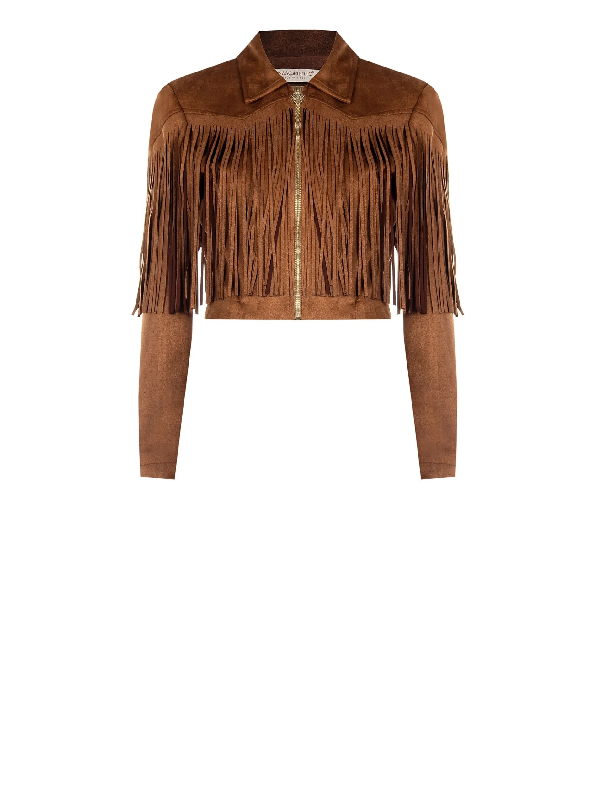 GIACCA EFFETTO CAMOSCIO CAMMELLO BEIGE CON FRANGE