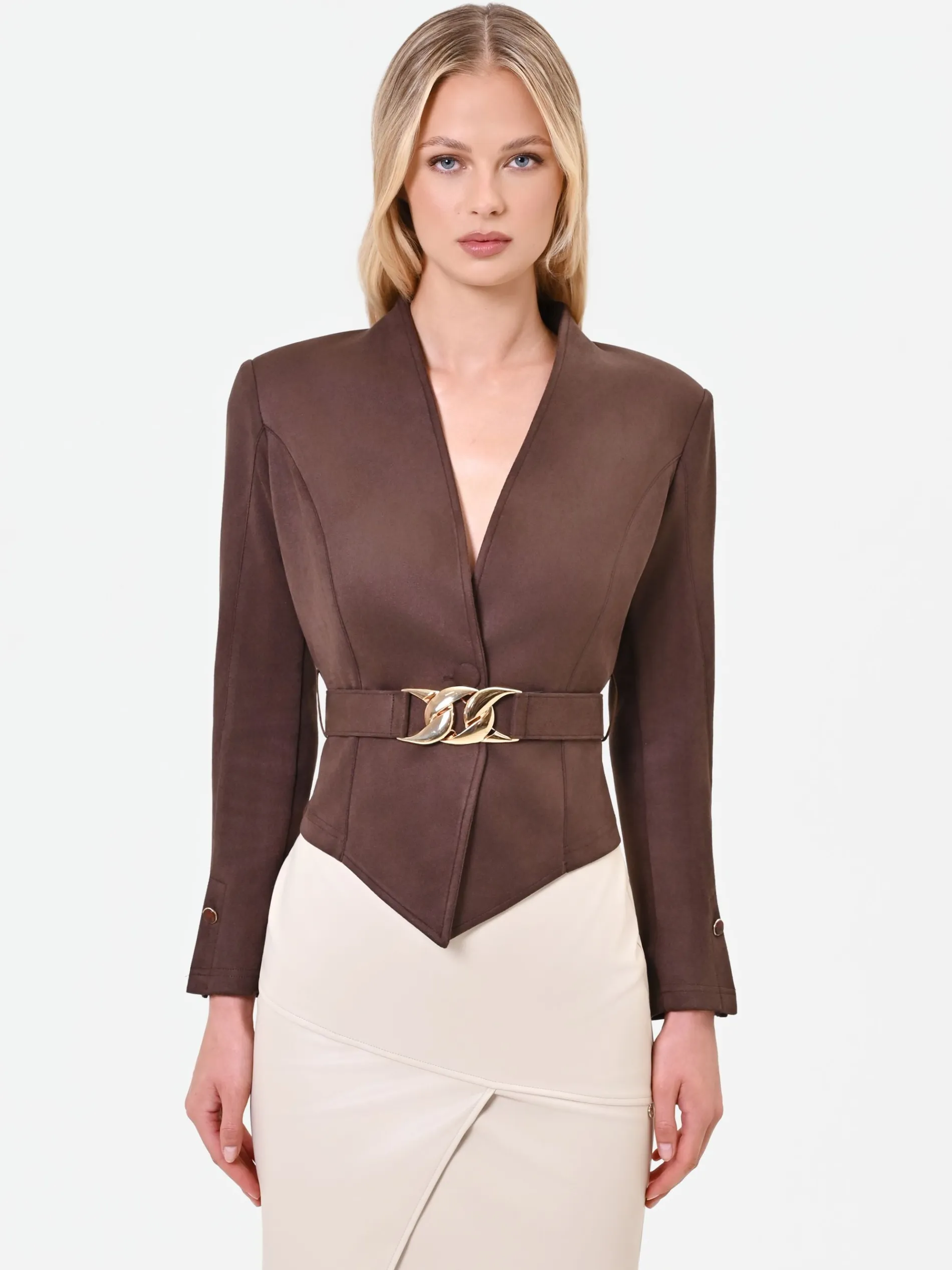 GIACCA MARRONE CON FOULARD EFFETTO CAMOSCIO