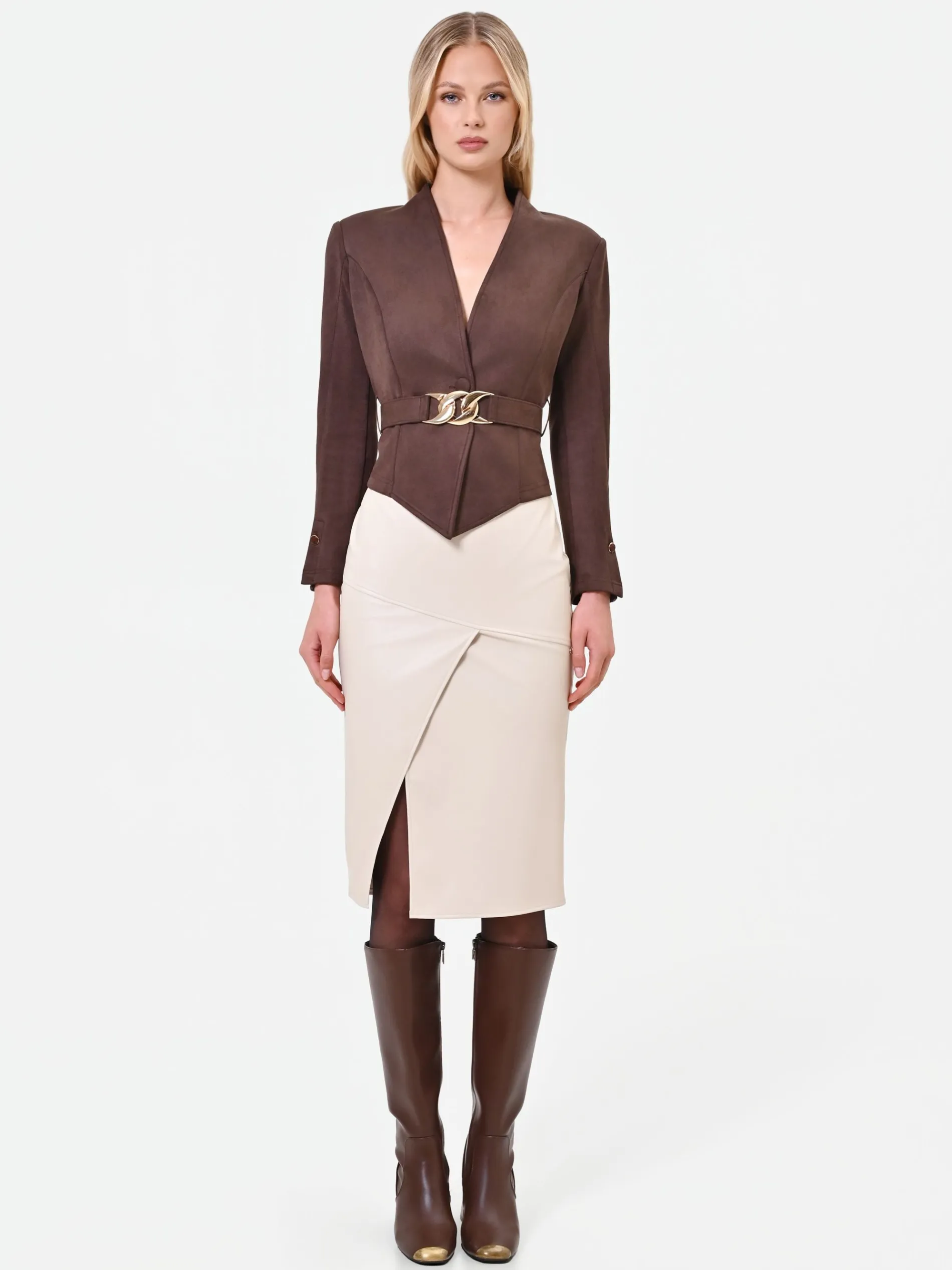 GIACCA MARRONE CON FOULARD EFFETTO CAMOSCIO