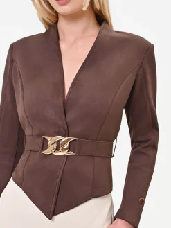 GIACCA MARRONE CON FOULARD EFFETTO CAMOSCIO