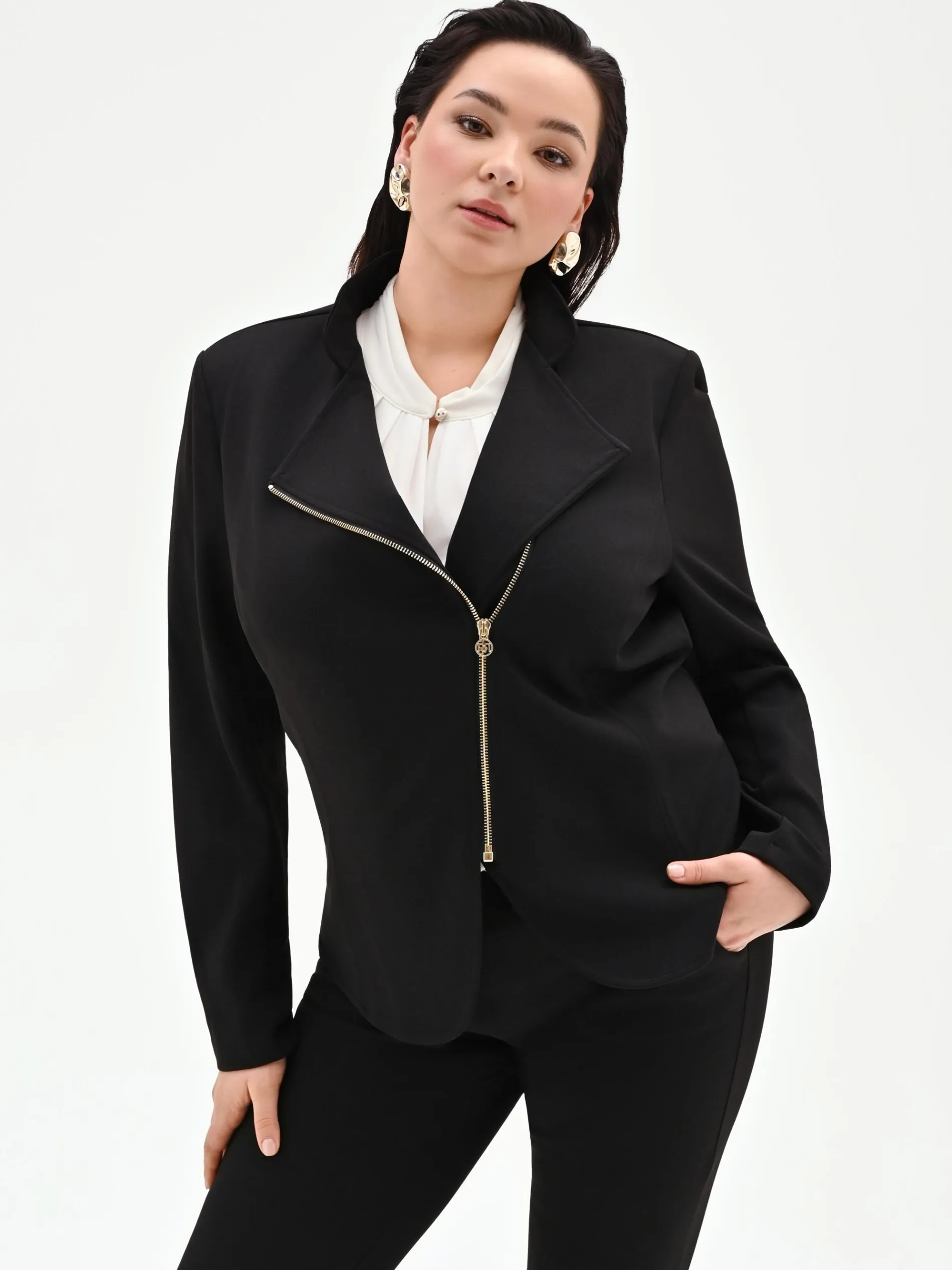 GIACCA NERA CURVY CON ZIP IN SCUBA MANO CREPE