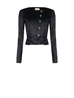 GIACCA NERA IN SIMILPELLE CON SILHOUETTE A PEPLO