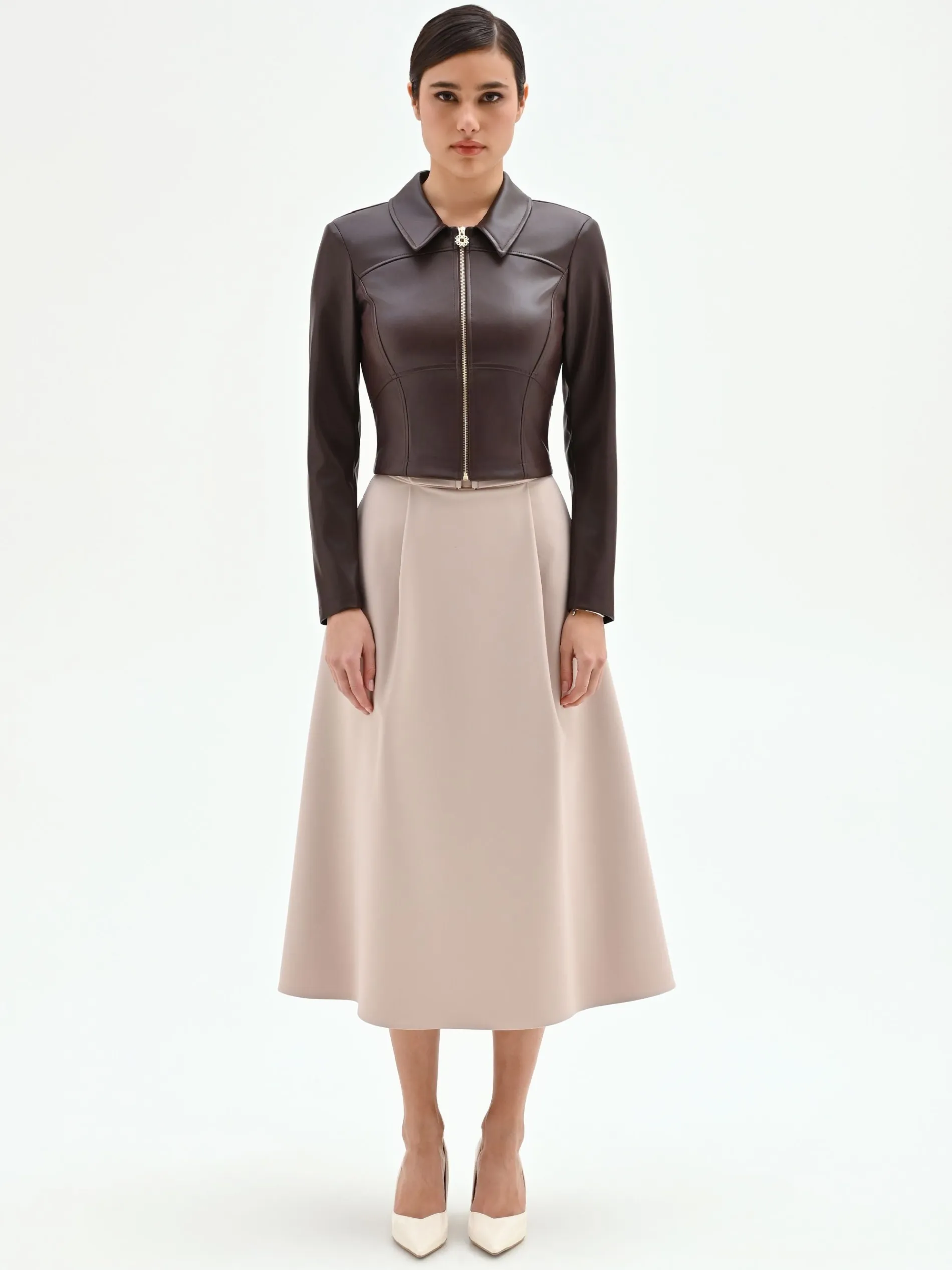 GIACCA SIMILPELLE MARRONE CON COLLETTO