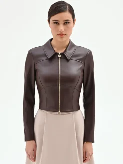 GIACCA SIMILPELLE MARRONE CON COLLETTO