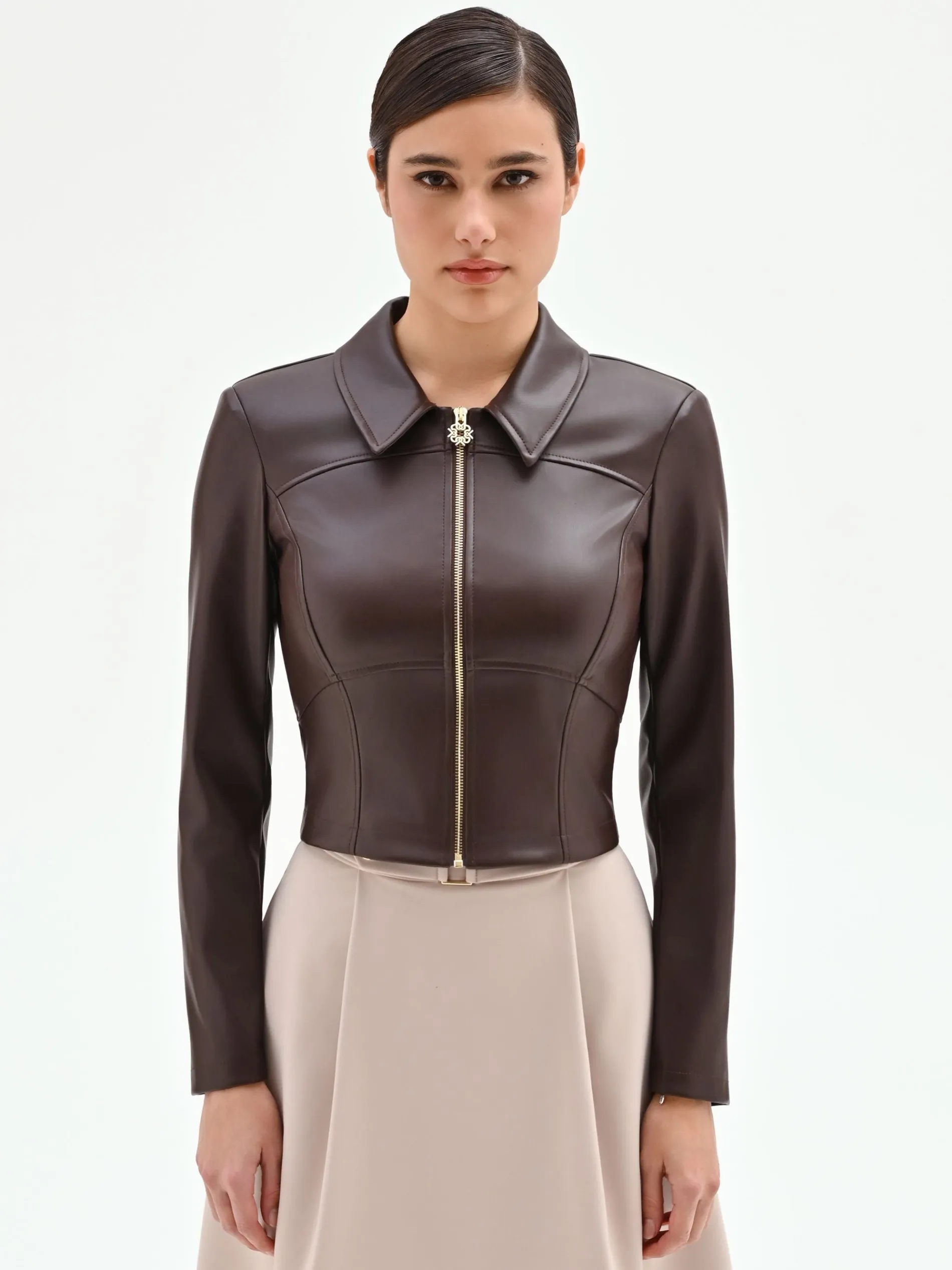 GIACCA SIMILPELLE MARRONE CON COLLETTO