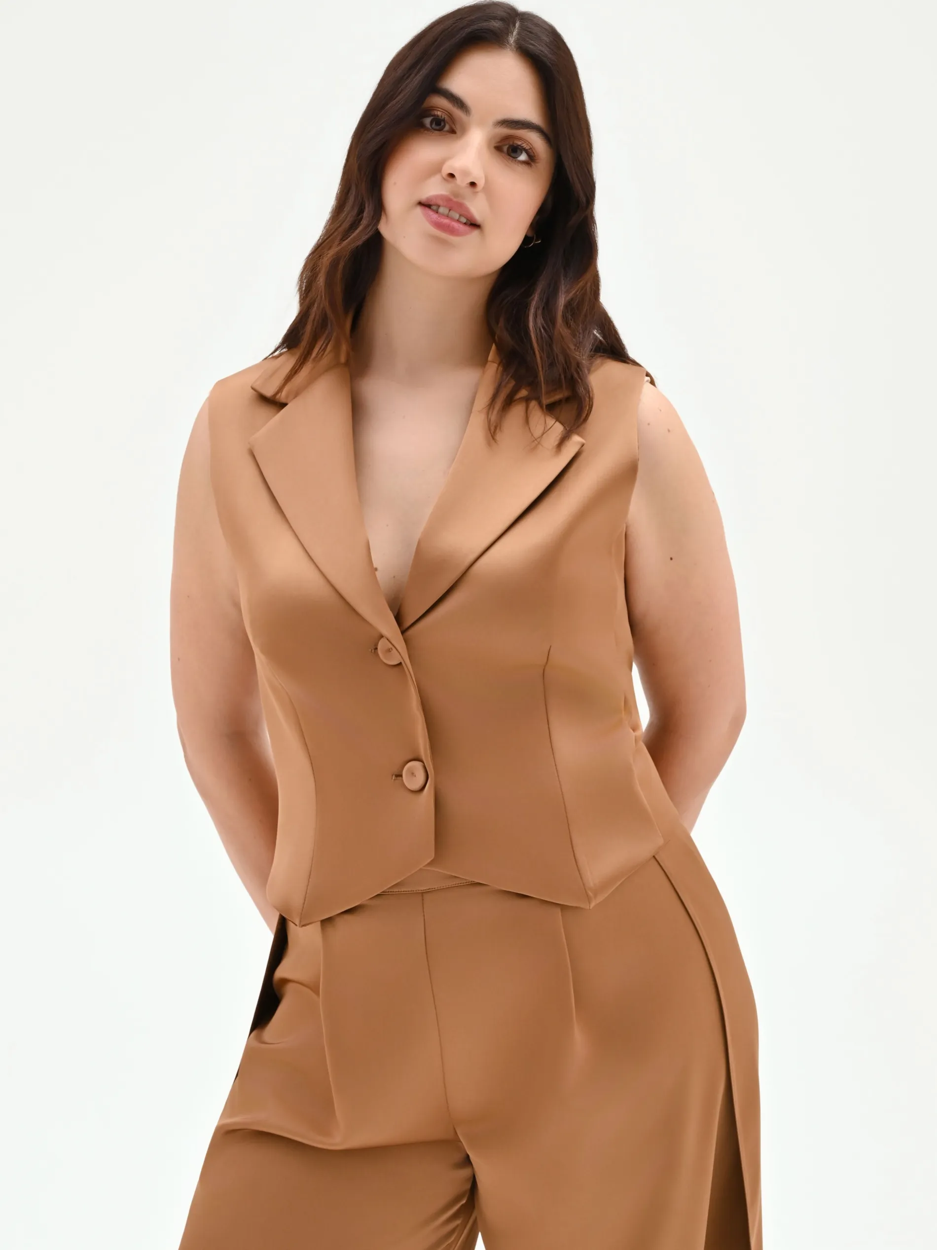 GILET CURVY MARRONE BRONZO IN RASO CON REVER