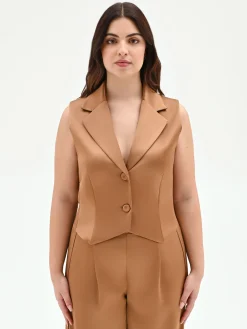 GILET CURVY MARRONE BRONZO IN RASO CON REVER