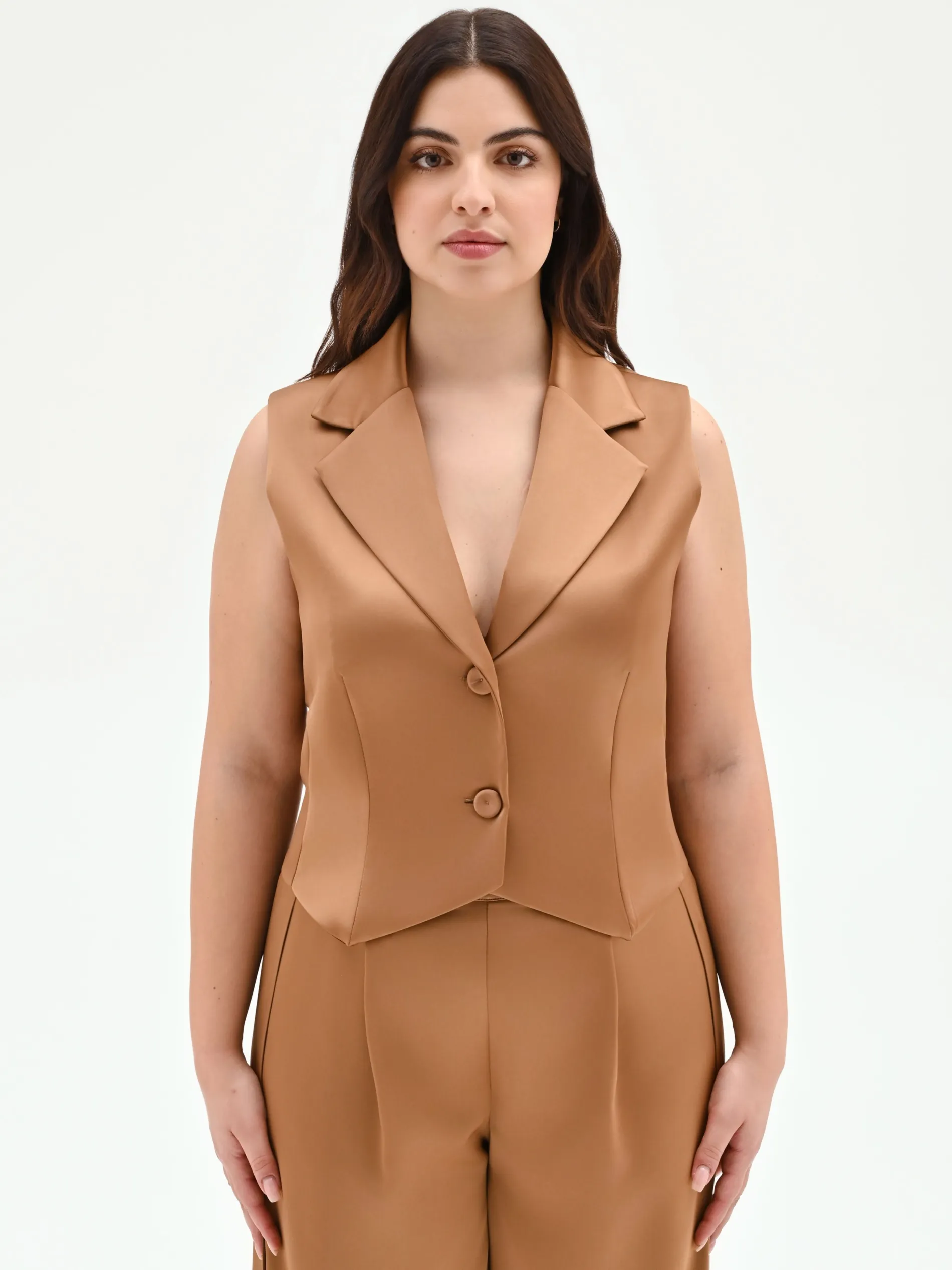 GILET CURVY MARRONE BRONZO IN RASO CON REVER