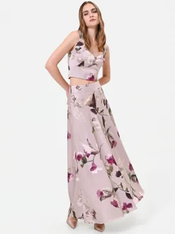 GONNA LUNGA IN RASO STAMPA FLOREALE TORTORA BEIGE