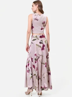 GONNA LUNGA IN RASO STAMPA FLOREALE TORTORA BEIGE