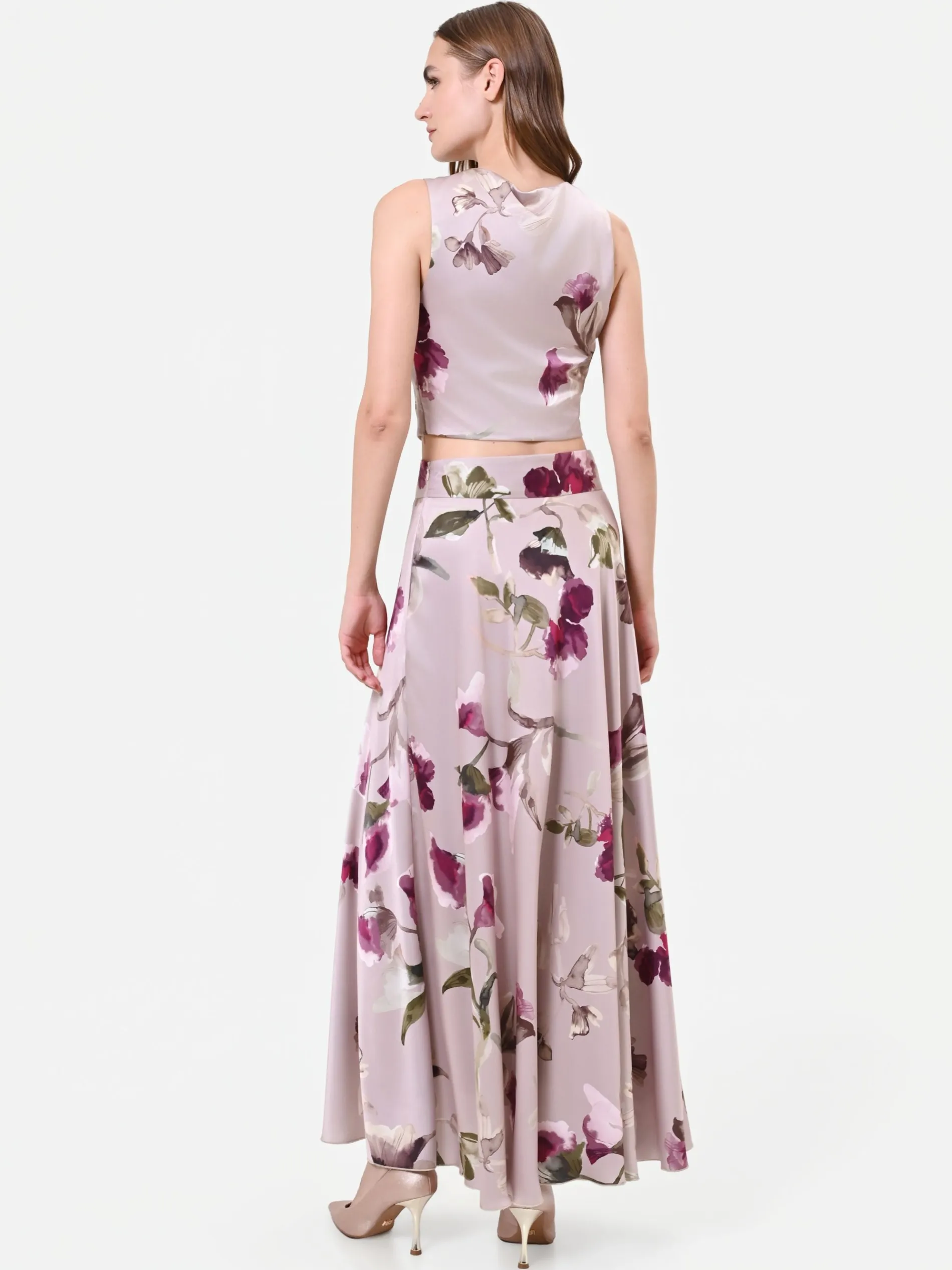 GONNA LUNGA IN RASO STAMPA FLOREALE TORTORA BEIGE