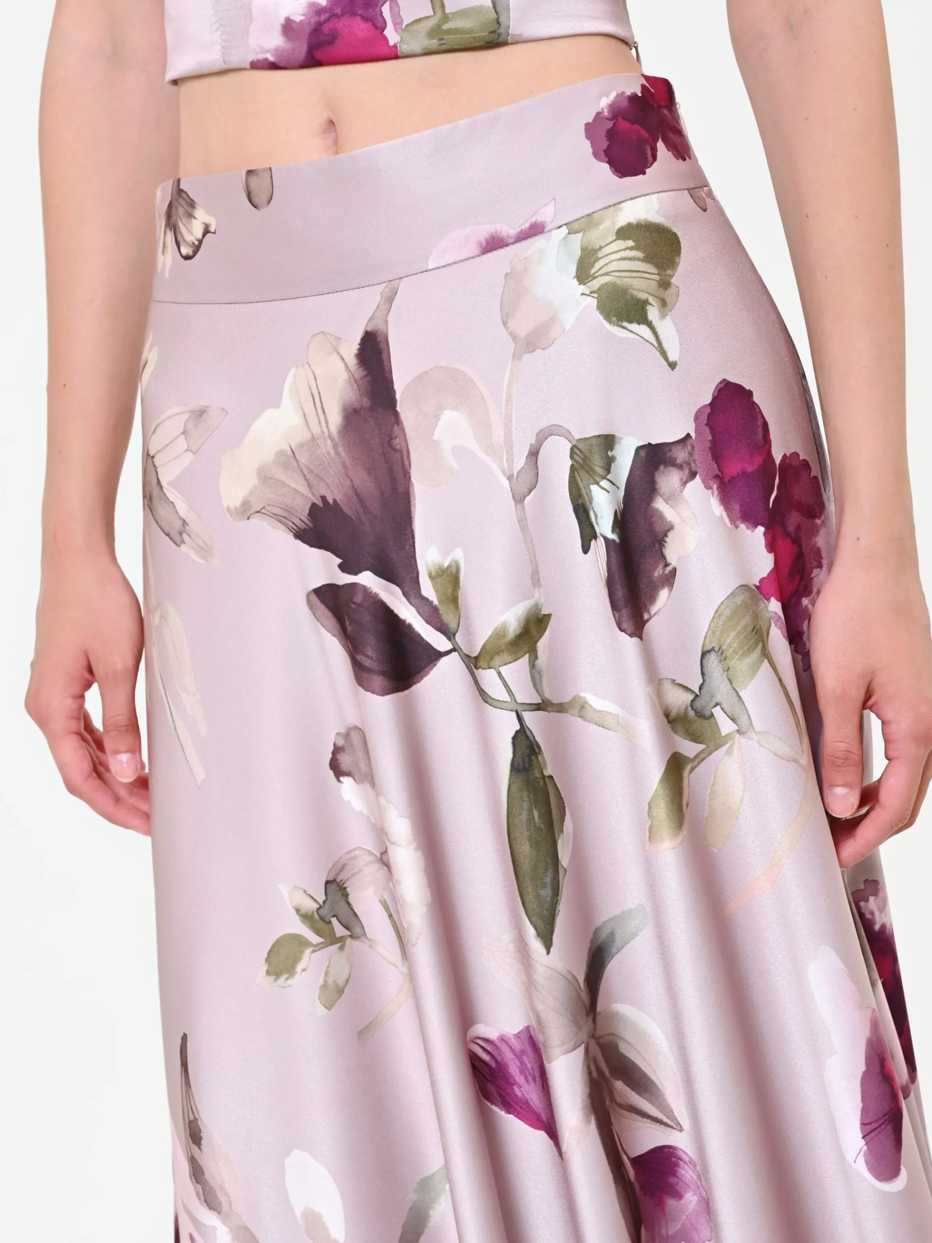 GONNA LUNGA IN RASO STAMPA FLOREALE TORTORA BEIGE