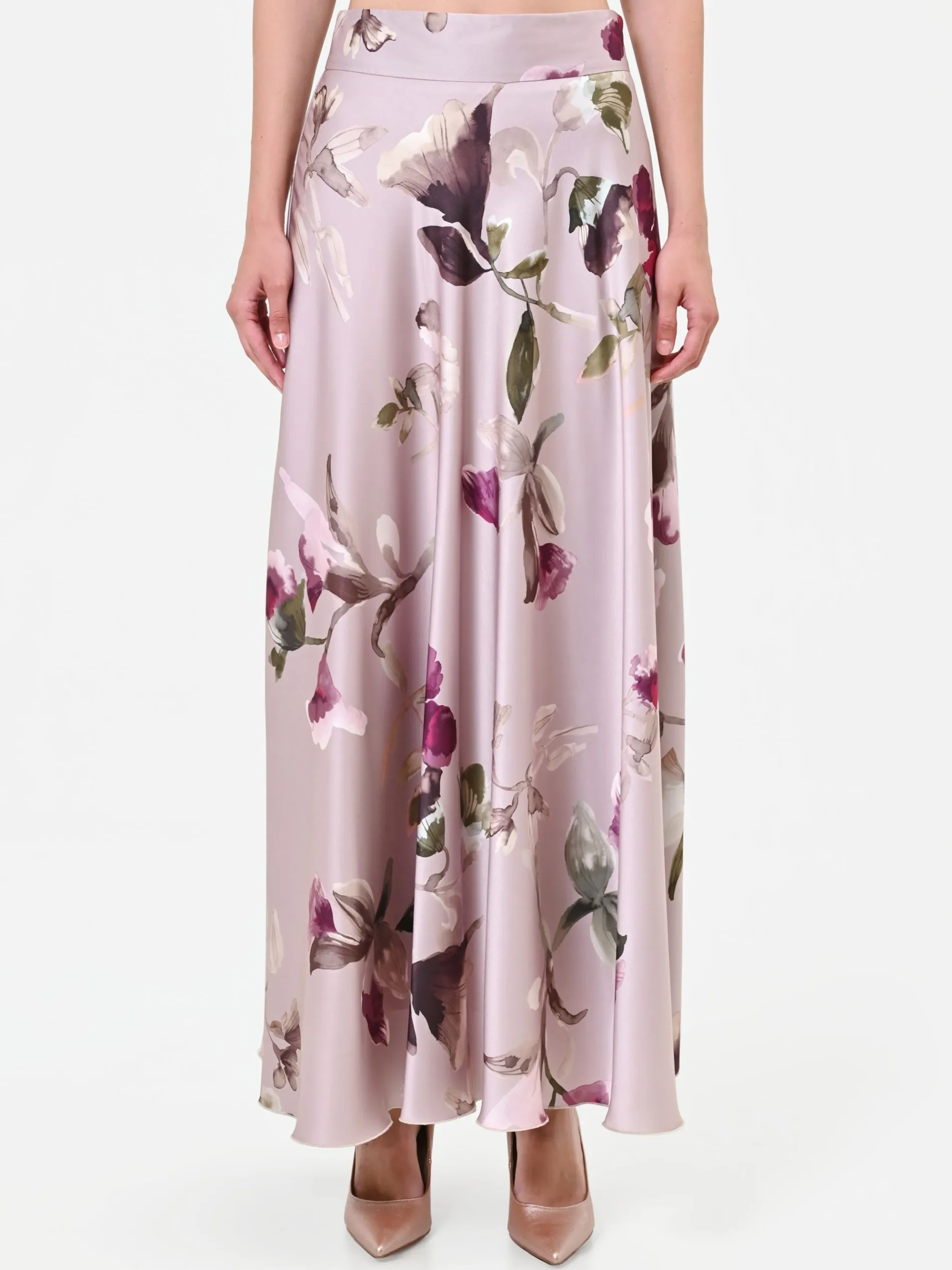 GONNA LUNGA IN RASO STAMPA FLOREALE TORTORA BEIGE