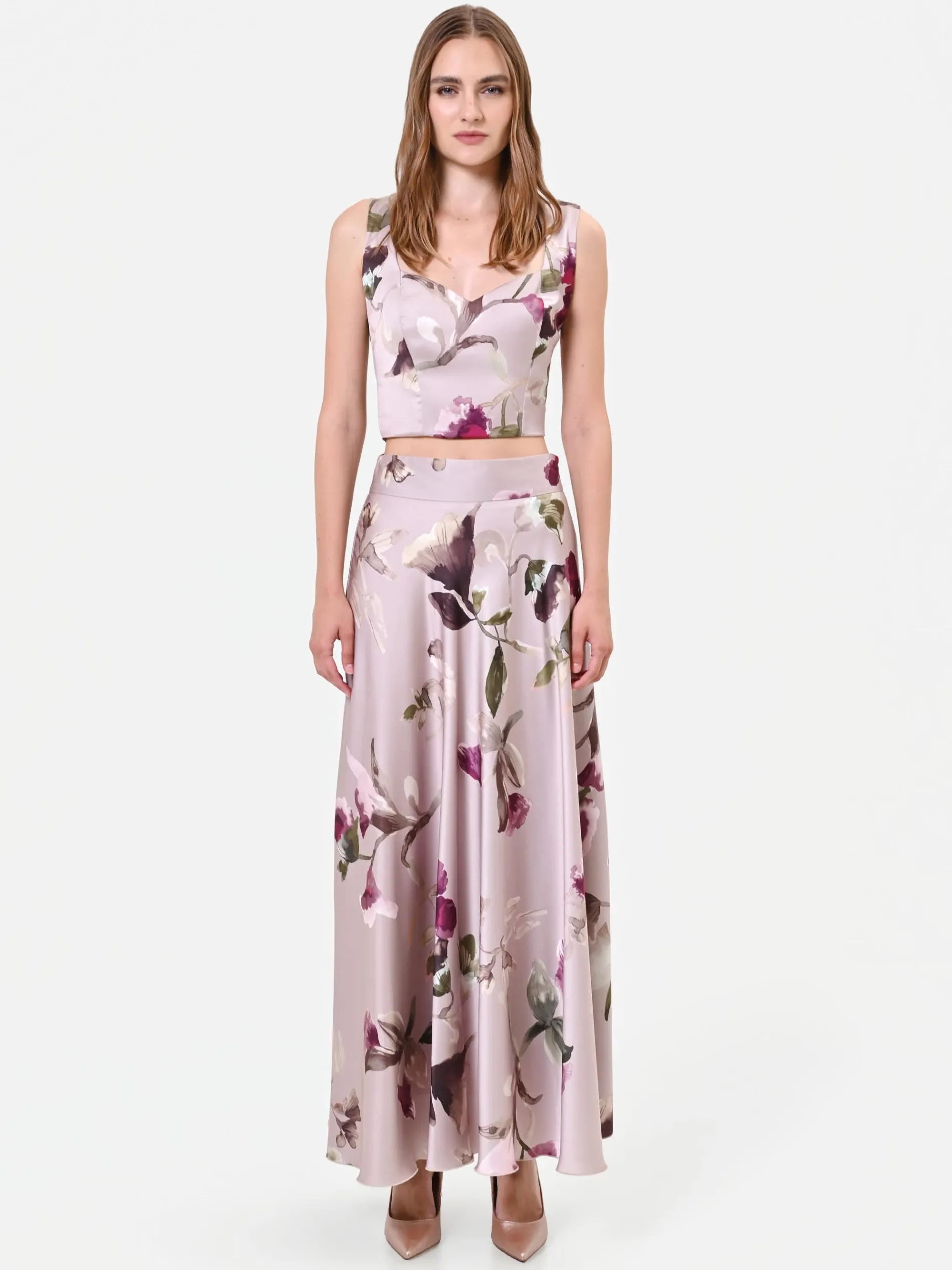 GONNA LUNGA IN RASO STAMPA FLOREALE TORTORA BEIGE