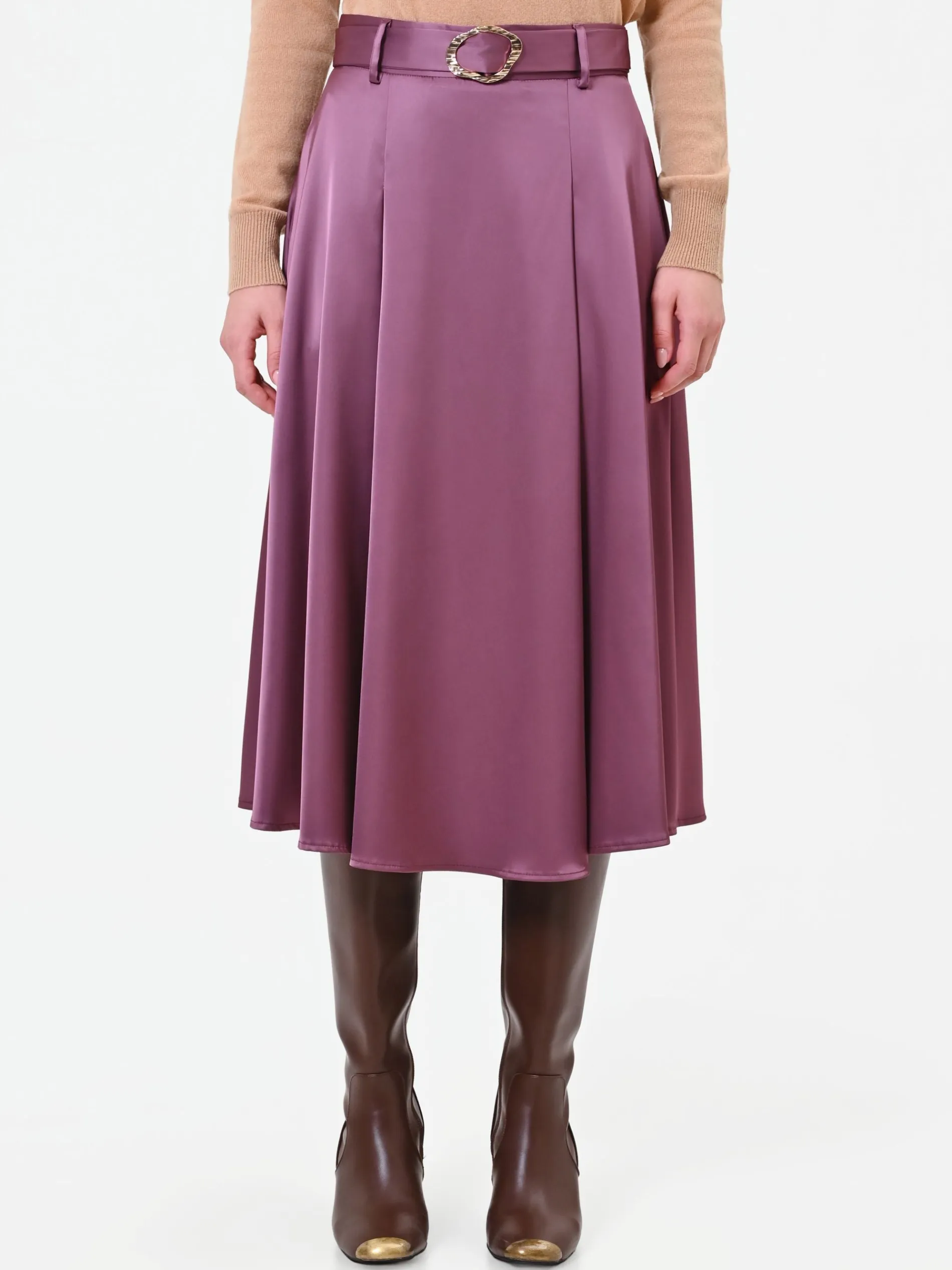 GONNA MIDI IN RASO ROSA ANTICO CON CINTURA