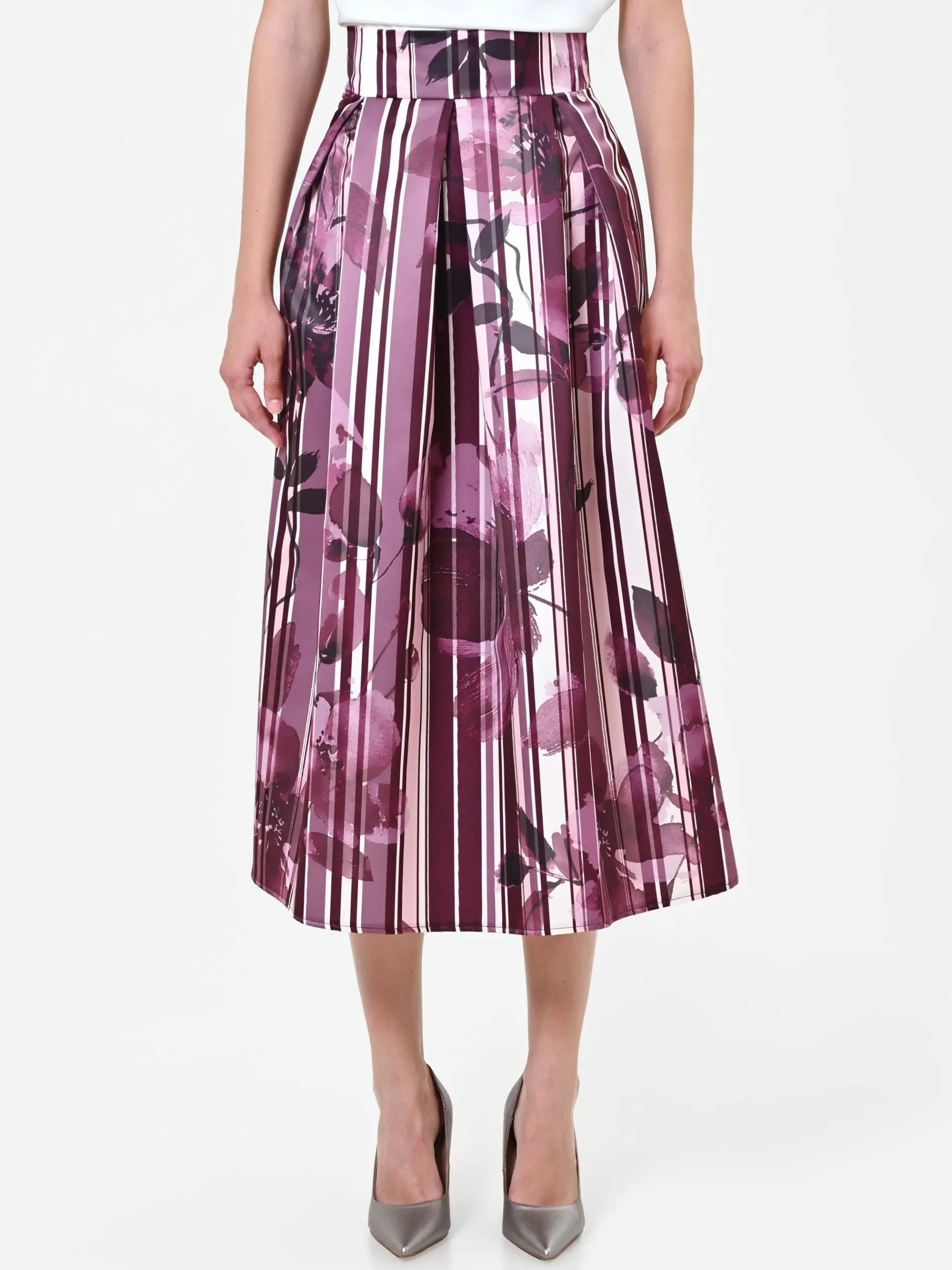 GONNA MIDI PLISSETTATA ROSSO BORDEAUX CON FANTASIA FLOREALE