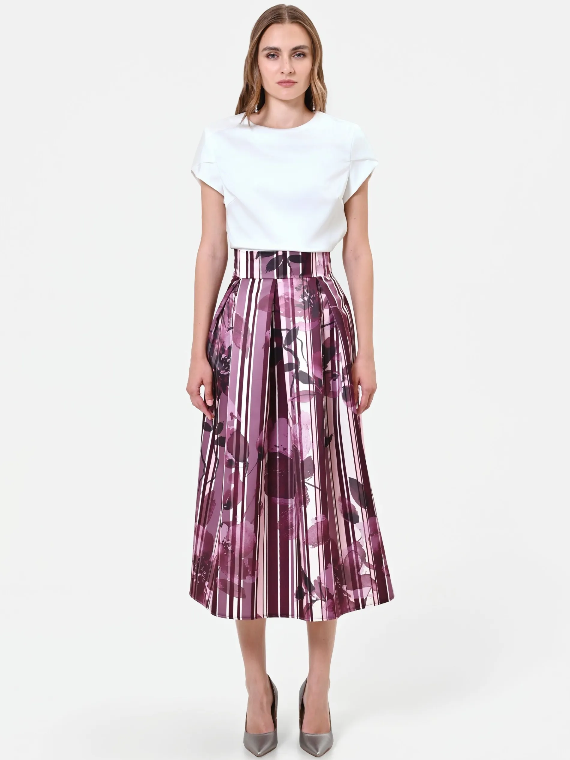 GONNA MIDI PLISSETTATA ROSSO BORDEAUX CON FANTASIA FLOREALE
