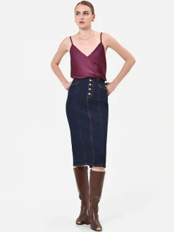 GONNA TUBINO BLU NAVY IN DENIM CON BOTTONI DORATI