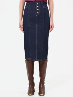 GONNA TUBINO BLU NAVY IN DENIM CON BOTTONI DORATI