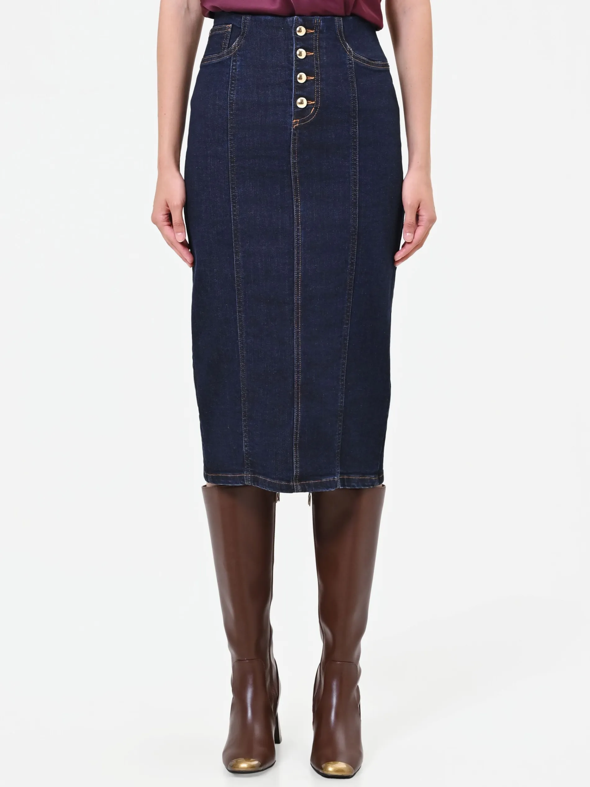GONNA TUBINO BLU NAVY IN DENIM CON BOTTONI DORATI