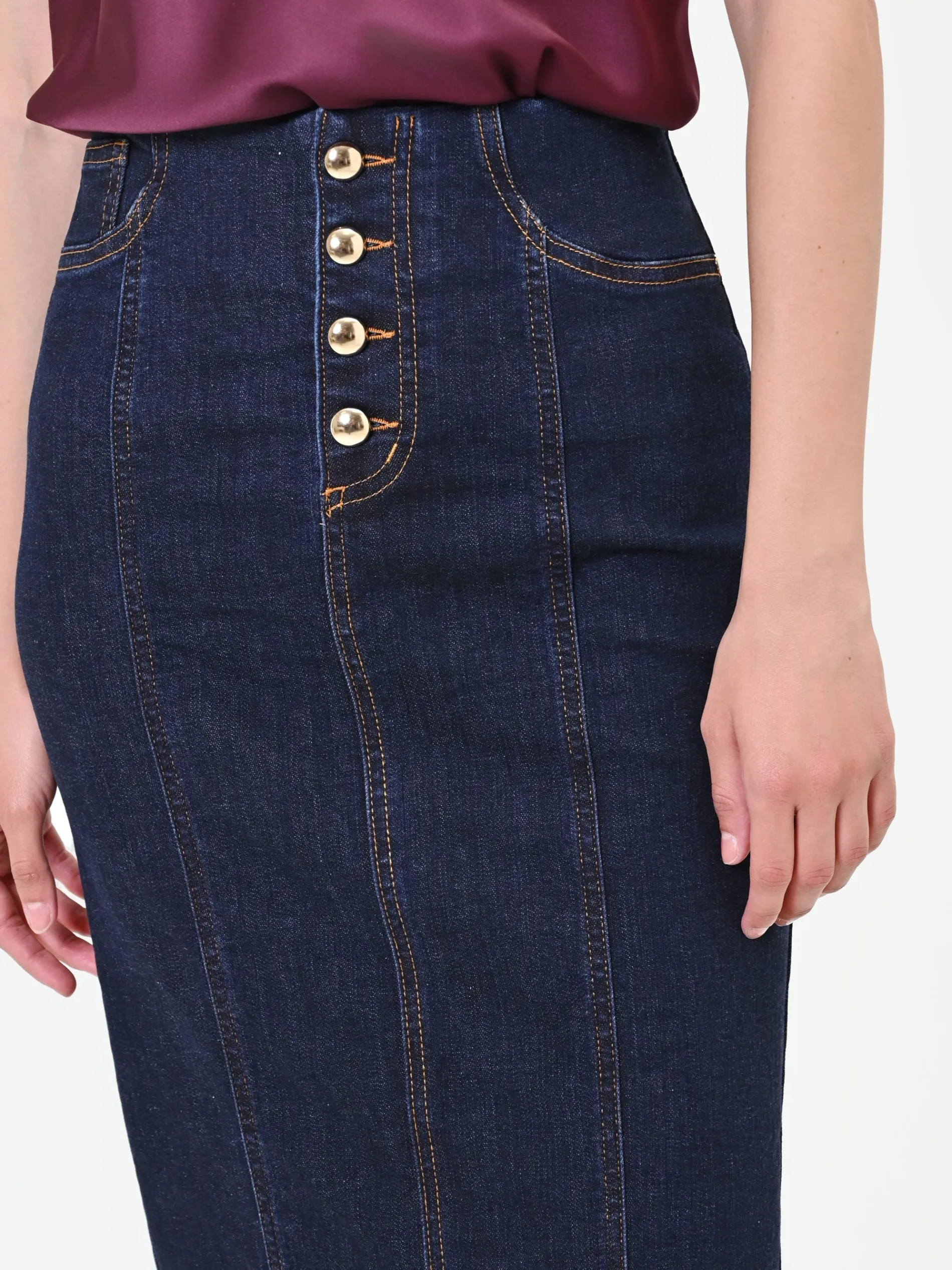 GONNA TUBINO BLU NAVY IN DENIM CON BOTTONI DORATI