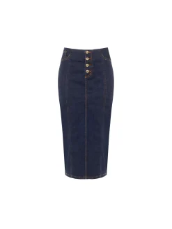 GONNA TUBINO BLU NAVY IN DENIM CON BOTTONI DORATI