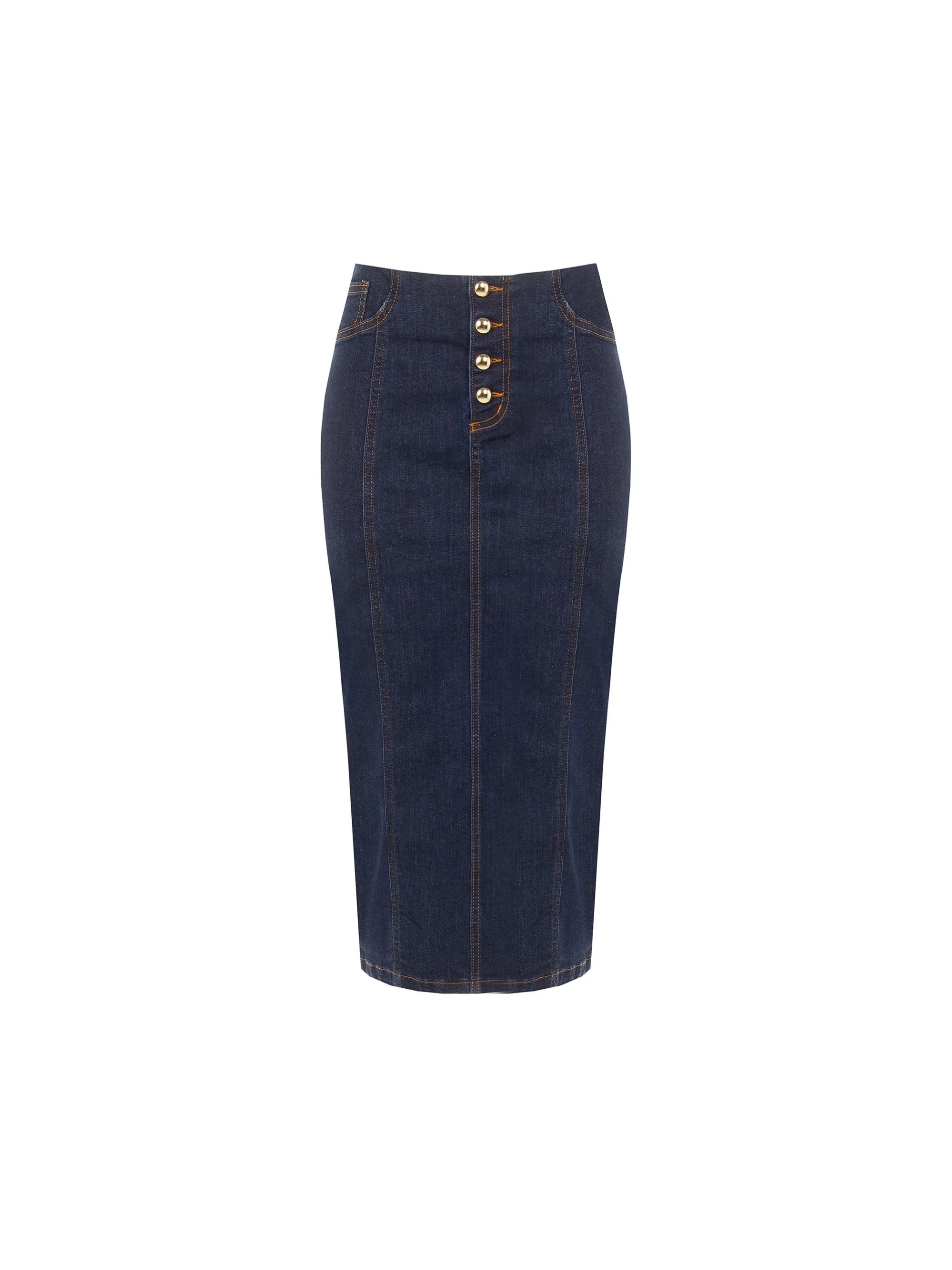 GONNA TUBINO BLU NAVY IN DENIM CON BOTTONI DORATI