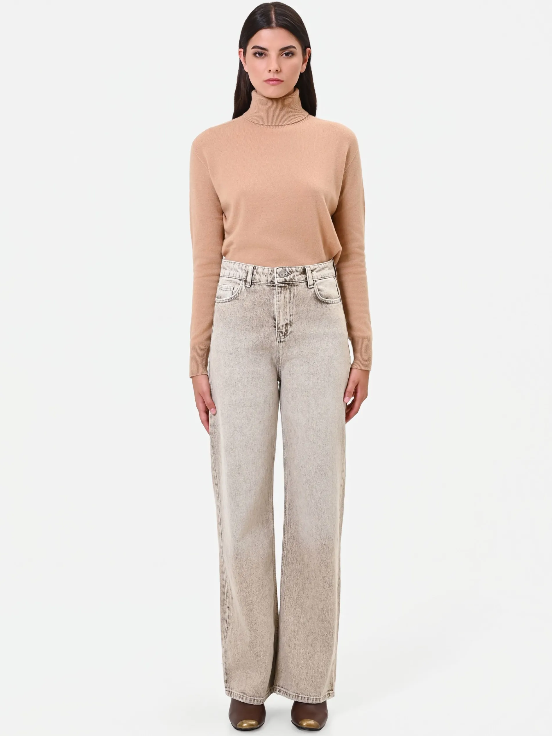 JEANS AMPI A VITA ALTA TORTORA BEIGE