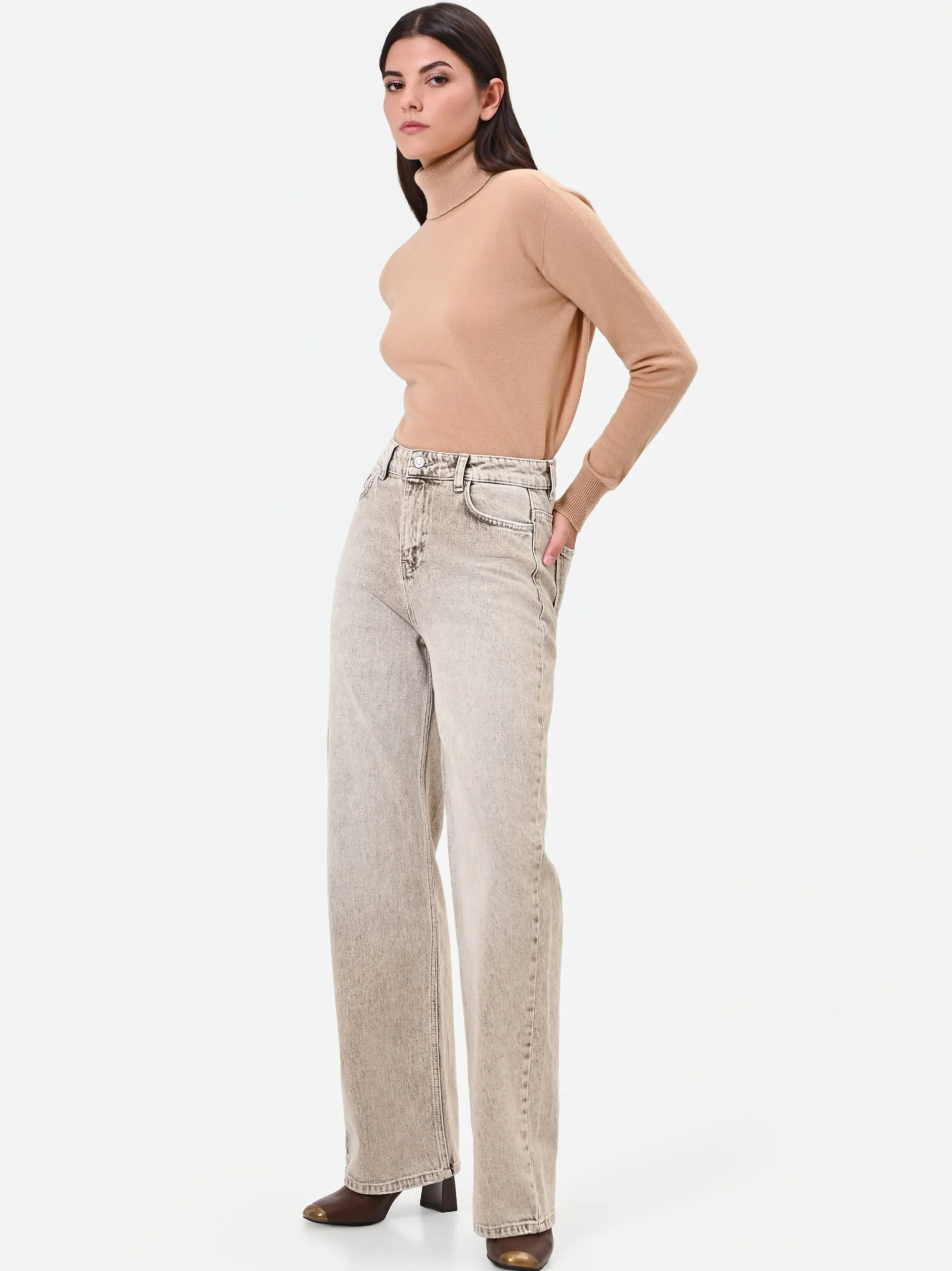 JEANS AMPI A VITA ALTA TORTORA BEIGE
