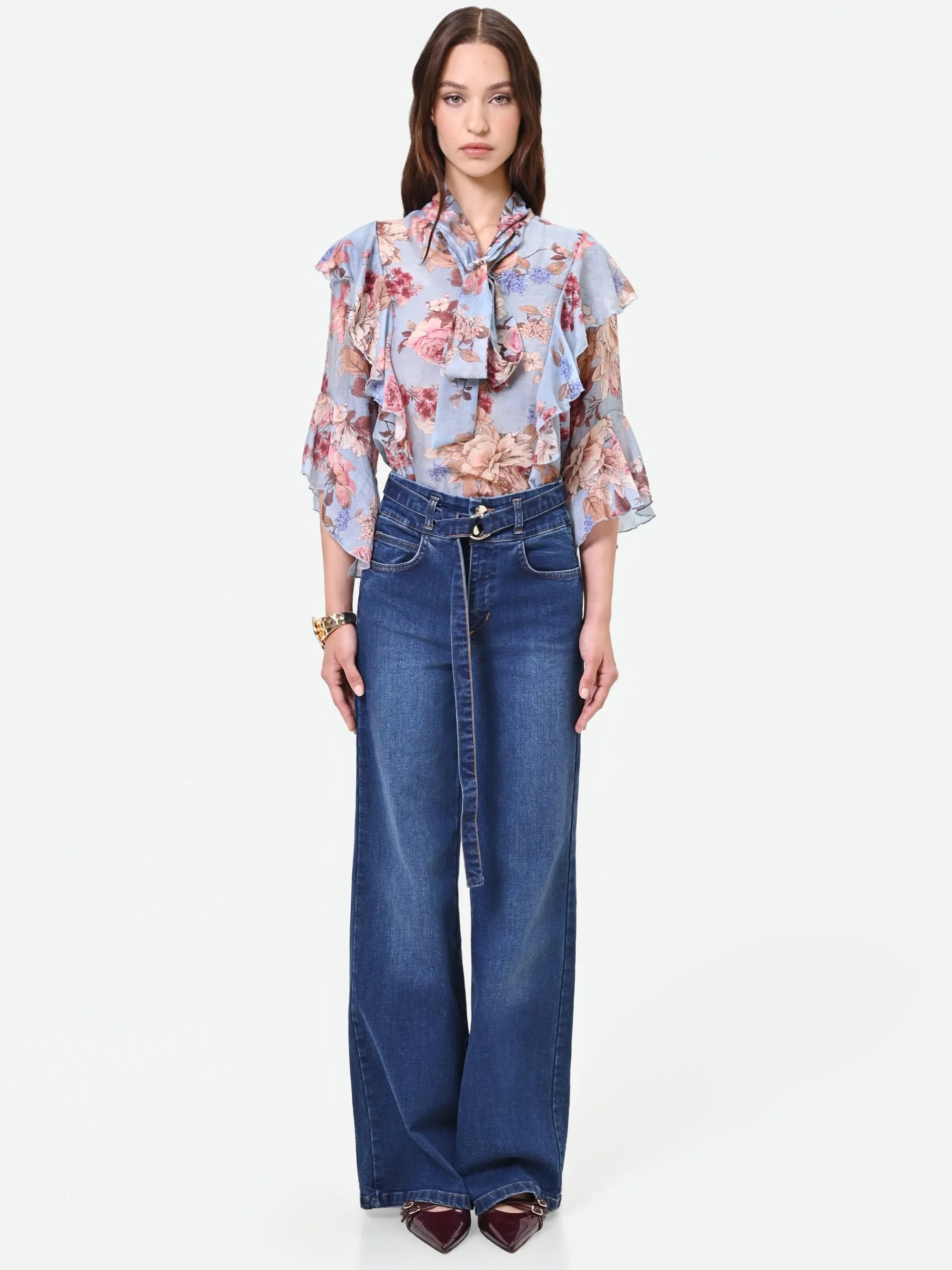 JEANS BLU A VITA ALTA CON CINTURA GAMBA AMPIA