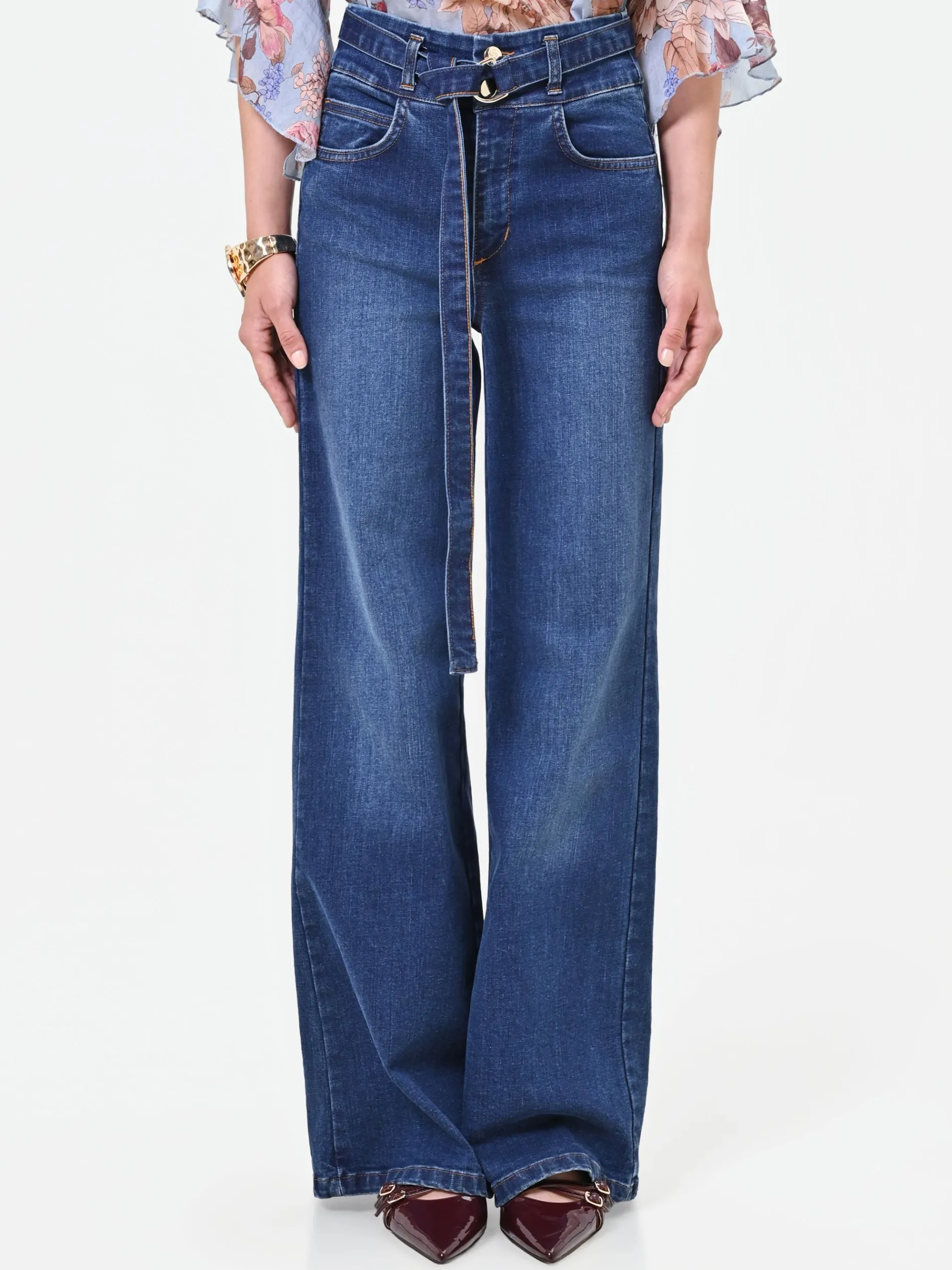 JEANS BLU A VITA ALTA CON CINTURA GAMBA AMPIA