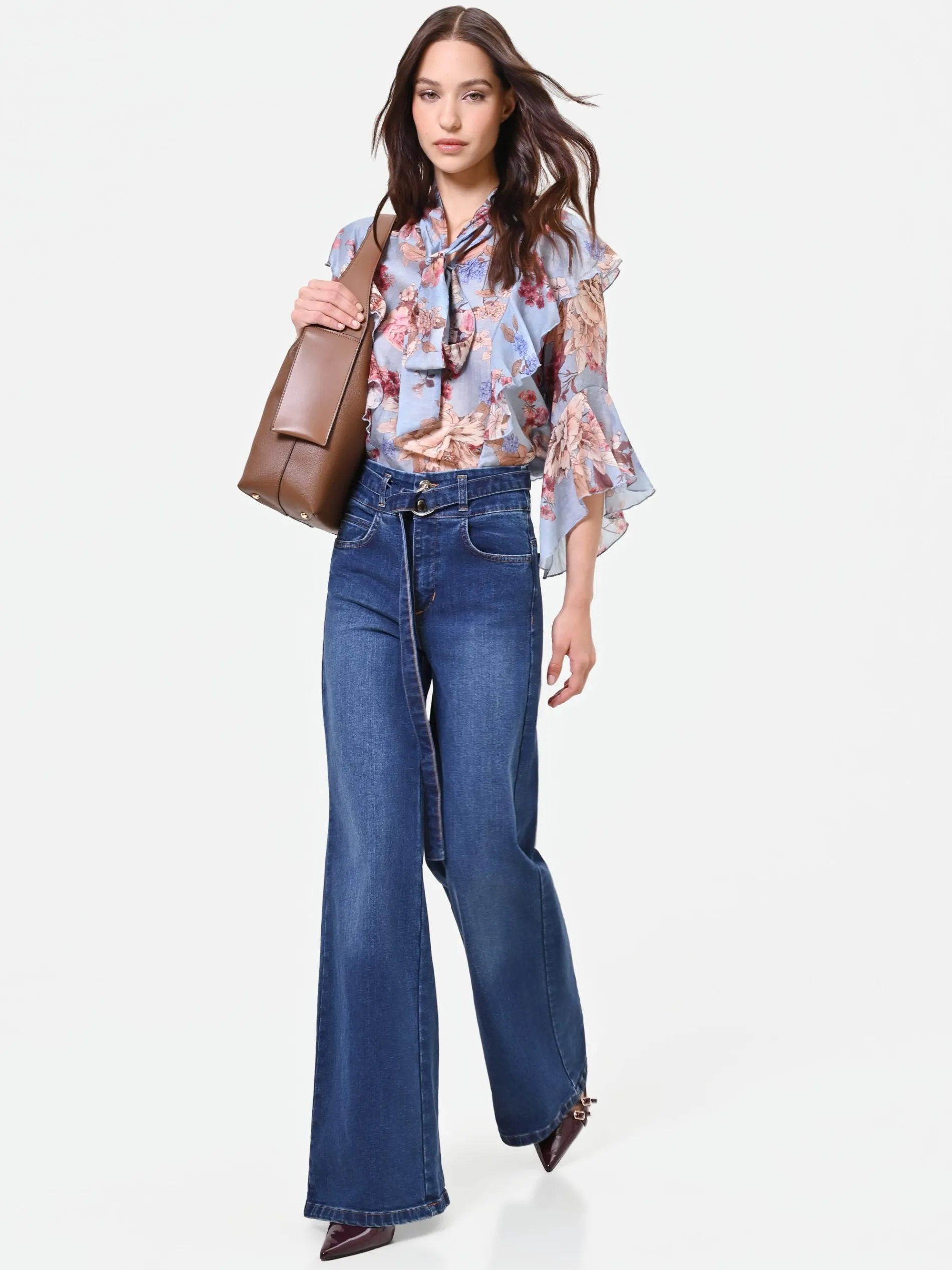 JEANS BLU A VITA ALTA CON CINTURA GAMBA AMPIA
