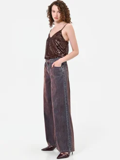 JEANS PALAZZO MARRONE CON BANDA A CONTRASTO