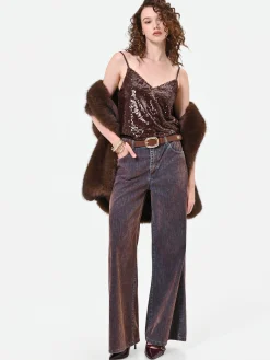 JEANS PALAZZO MARRONE CON BANDA A CONTRASTO
