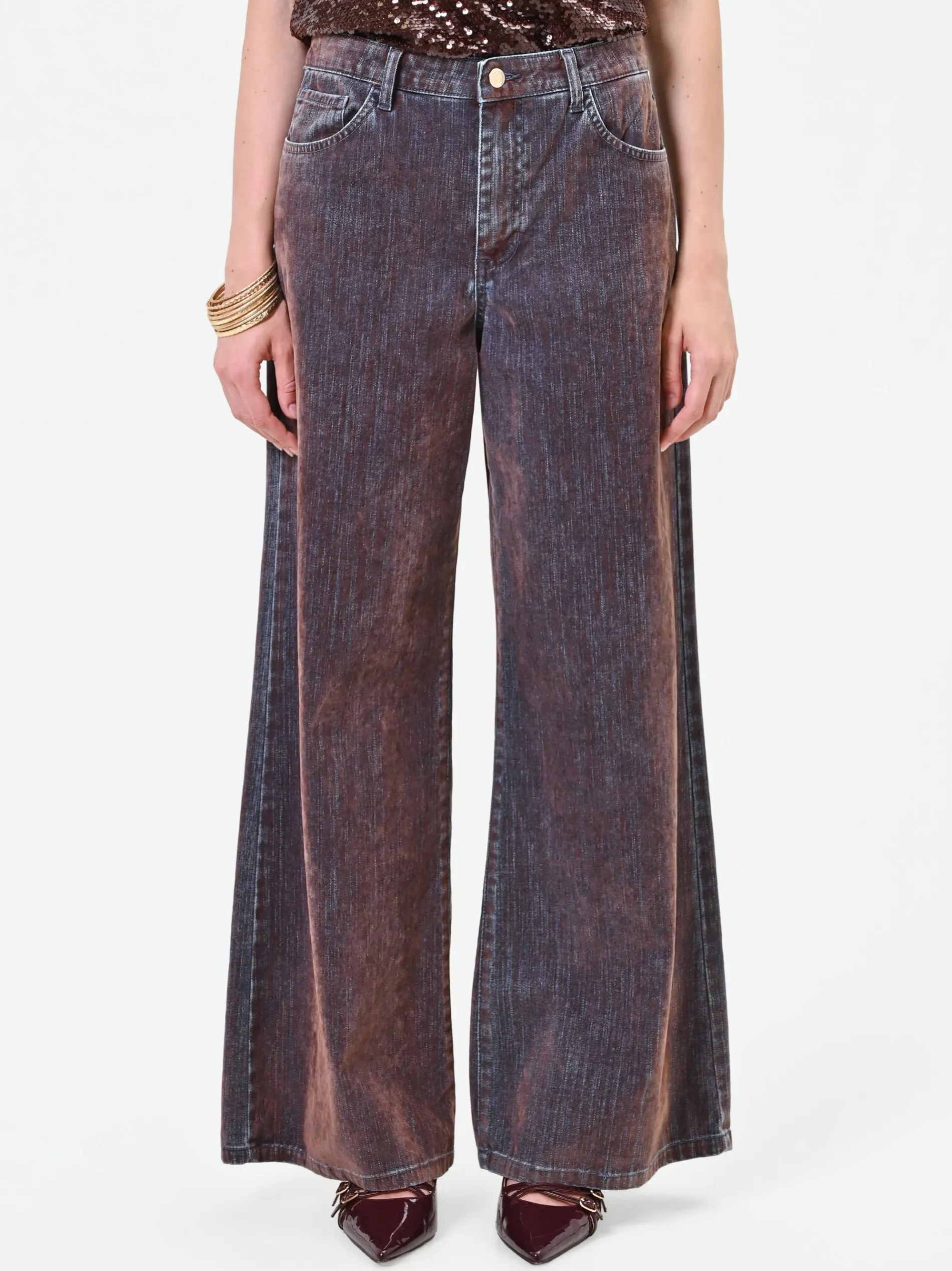 JEANS PALAZZO MARRONE CON BANDA A CONTRASTO