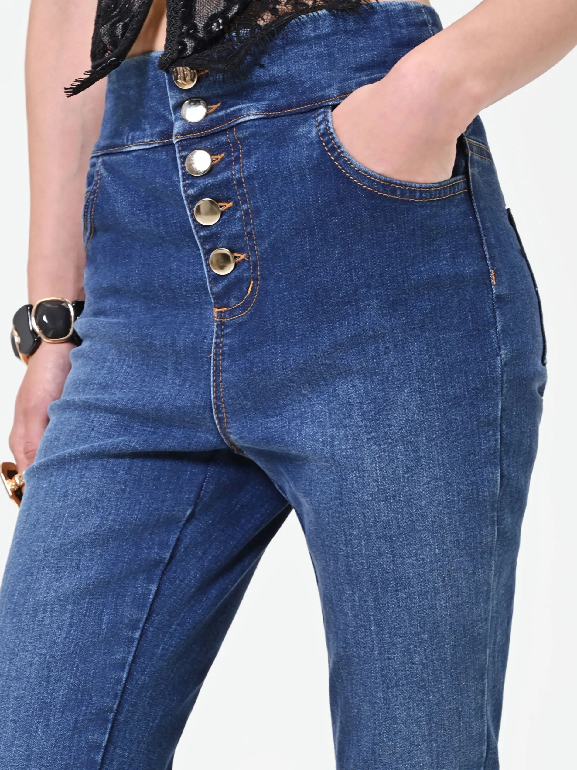 JEANS SKINNY BLU CON BOTTONI PIATTI