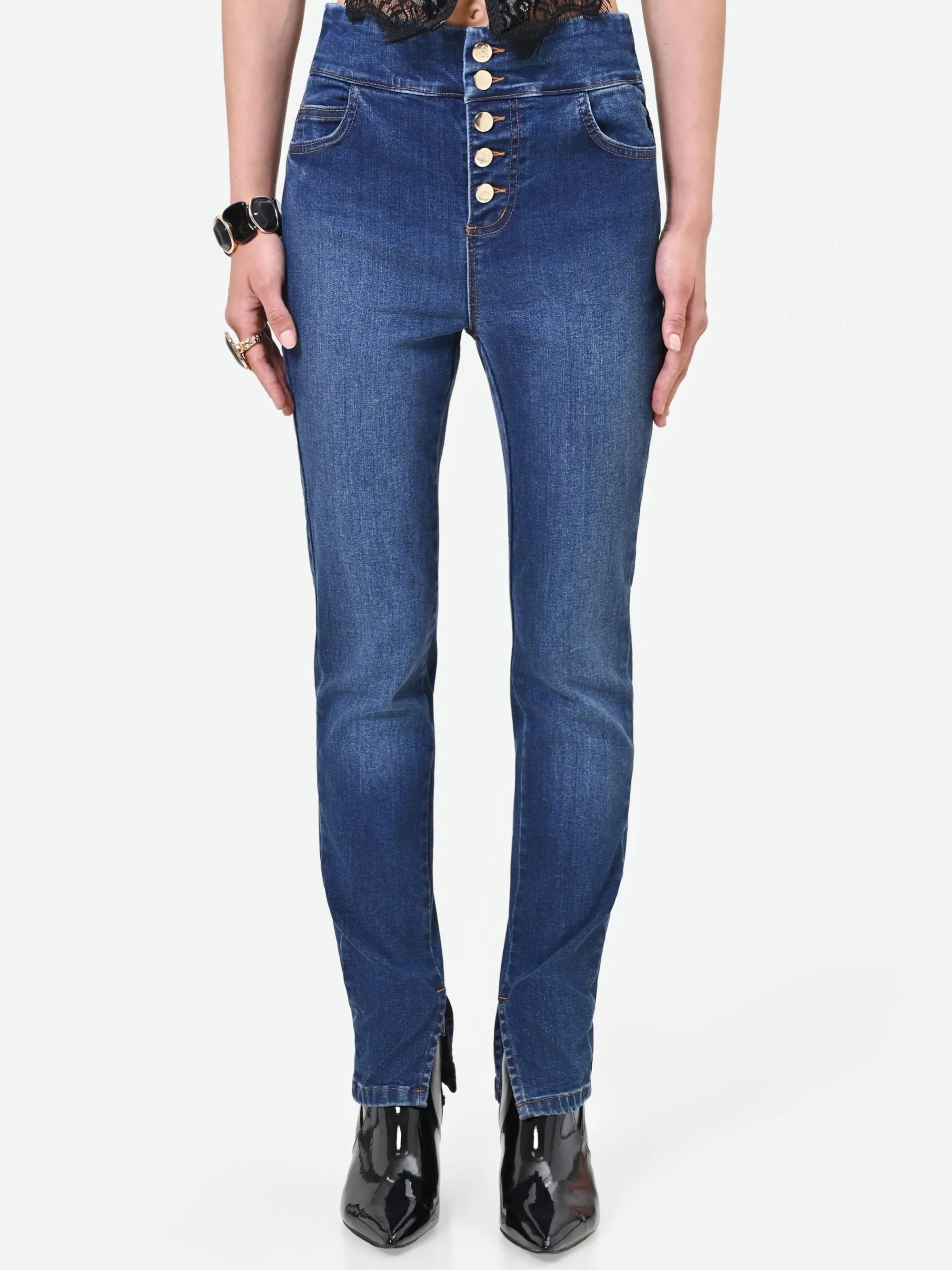 JEANS SKINNY BLU CON BOTTONI PIATTI