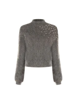 MAGLIA GRIGIA IN MOHAIR CON APPLICAZIONE GIOIELLO