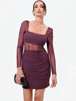 MINI ABITO BORDEAUX ROSSO IN TULLE CON CORPETTO STECCATO