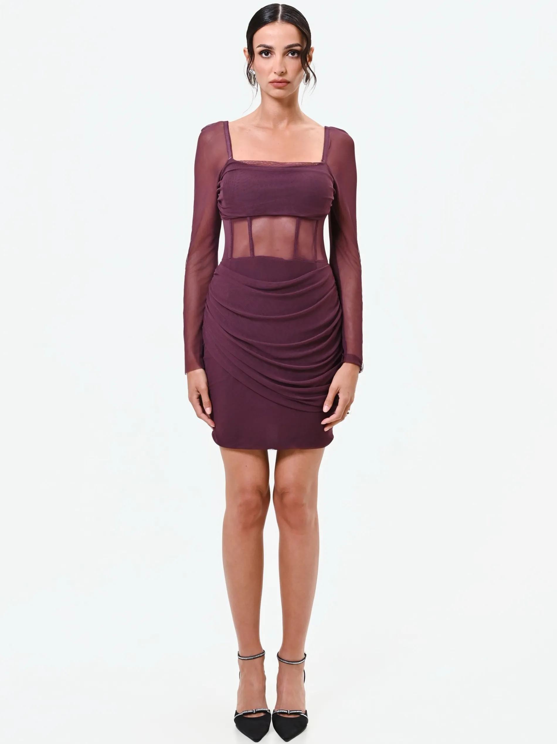 MINI ABITO BORDEAUX ROSSO IN TULLE CON CORPETTO STECCATO