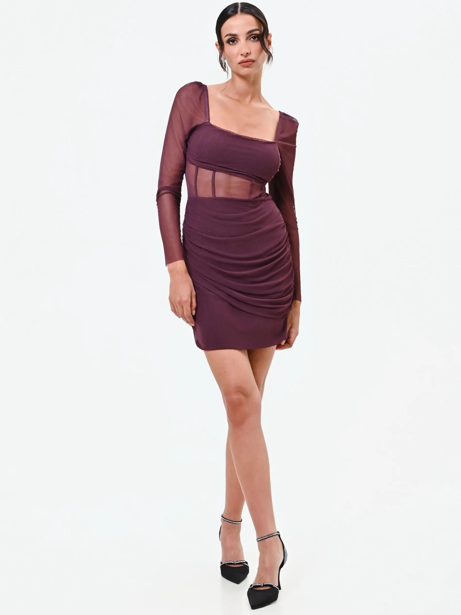 MINI ABITO BORDEAUX ROSSO IN TULLE CON CORPETTO STECCATO