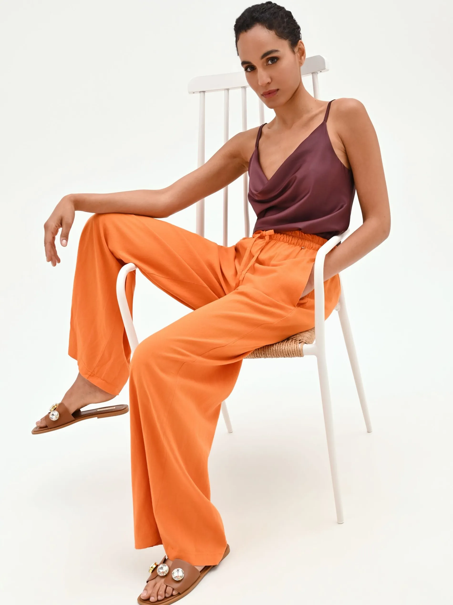 PANTALONE A PALAZZO ARANCIONE IN LINO